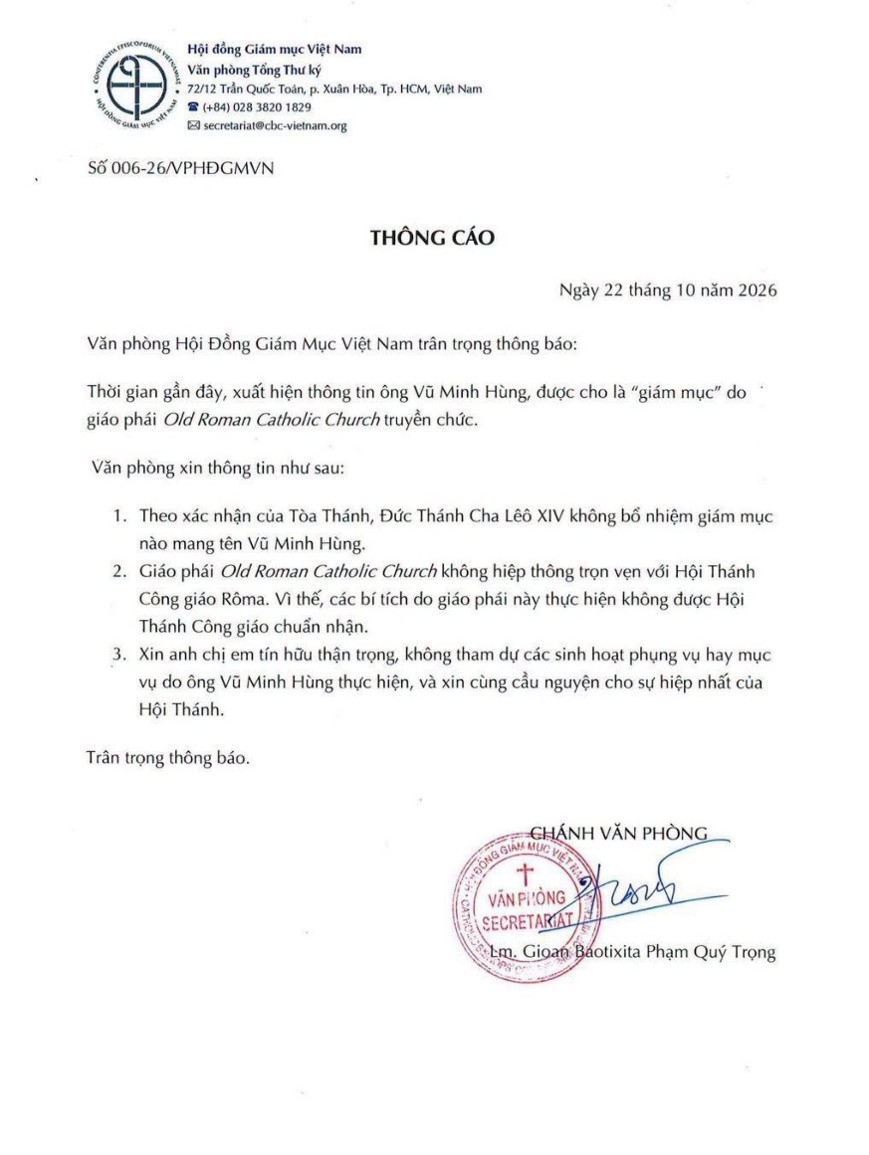 Hội đồng Giám mục Việt Nam lên tiếng:  “Tân GM” Vũ Minh Hùng Không Phải là giám mục của Giáo Hội Công Giáo Vatican